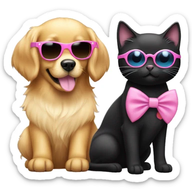 Cute small golden retriever wearing a pink bow in her hair and a black cat with shades on sticker