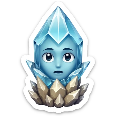 A single crystal rock inspired by a clear quartz cluster, amorph base with many tall transparent crystal spikes growing upward all around it with a face sticker