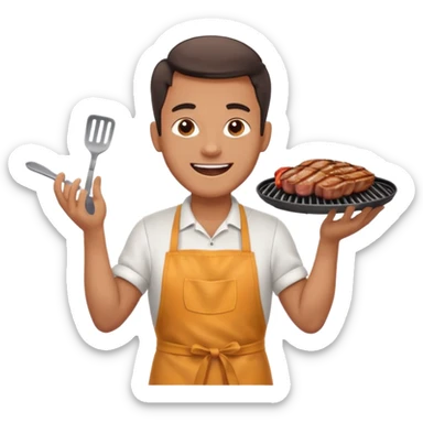 A cheerful man in an apron flipping meat on a sizzling grill with smoke puffing upward. sticker