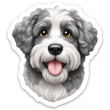 ausiedoodle with black and white and gray merle coloring with heart sticker