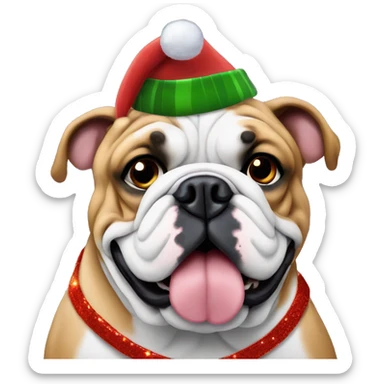 English bulldog wrapped with Christmas lights and hat sticker
