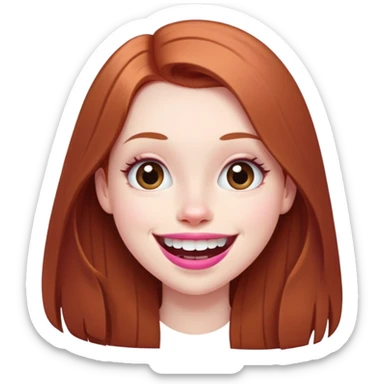 Young girl with pale skin, longer face, full pink lips smiling with big teeth, very long straight auburn hair (lighter ginger, not bright red), big brown eyes, extra large nose, big mouth, slightly asymmetrical features, less conventionally pretty sticker