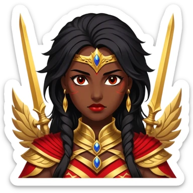 Cinematic Stunning Mulan Portrait Emoji, Fierce yet graceful, flowing raven-black hair, piercing brown eyes filled with determination, adorned in regal red and gold warrior attire, glowing with the strength and beauty of a true heroine, an elegant warrior in her prime! sticker