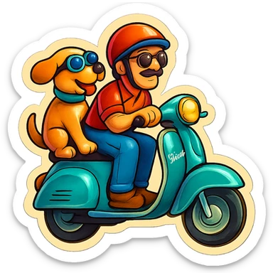 man and his pet dog riding a vespa sticker