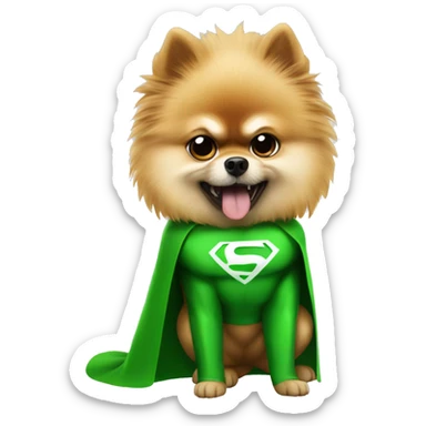 angry pomeranian in green superhero suit sticker