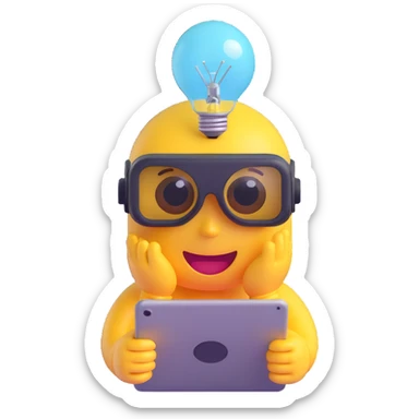 3D glossy emoji of a curious character with VR goggles, holding a digital tablet, lightbulb above head, modern minimal style, expressive eyes sticker