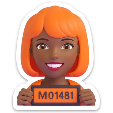 dark skinned Black woman with orange bob wig like Chucky's hair, visible plaque on her teeth sticker