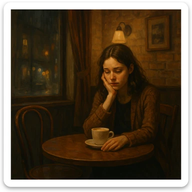 a woman sitting at a table for two, one chair empty, staring at her untouched drink, looking disappointed and unable to find love sticker