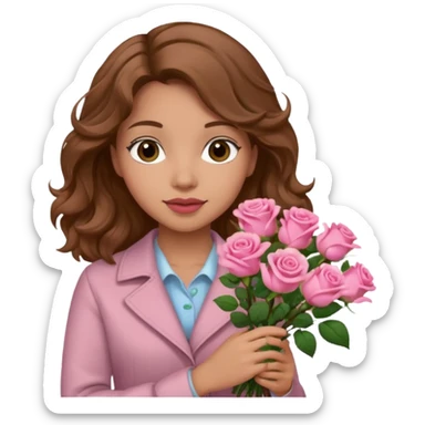 Niña con un ramo de flores que sea castaña con cabello ondulado  sticker