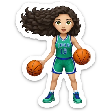 full figure light latino women basketball player with wavy dark hair wearing blue and green uniform sticker