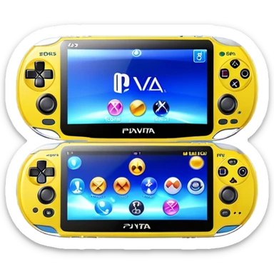 Clash of Clans aesthetic: Cinematic Playful PlayStation Vita Portrait Emoji, rendered in a 3D vector-style similar to standard emojis with minimal shading and bold, simplified shapes. A compact, distinct form with signature details, softly glowing with a cutting-edge console technology charm. Simplified yet unmistakably iconic, highly detailed and consistent, glowing with a soft radiance and high shine. Stylized with a touch of technological advancement and a soft glowing outline, capturing the essence of a beloved gaming relic with a friendly, playful manner! sticker