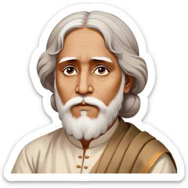 Rabindranath Tagore – Cinematic Realistic Portrait of Rabindranath Tagore, depicted with thoughtful, soulful eyes and gentle features, dressed in traditional Bengali attire with subtle artistic motifs, bathed in warm, soft lighting that evokes his poetic genius and timeless wisdom. sticker