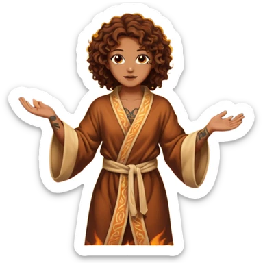 Sexy brown eyes, brown curly hair, white ethnicity with tattoo, mystic vibe, dancing in the fire in the night  sticker