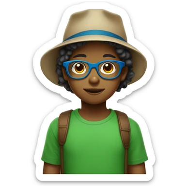 Child with brown hats and blue glasses and a green t-shirt  sticker