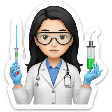 laboratorista con guantes  y mascarilla e insumos laboratorio  jeringa tubos  pelo negro largo triguella sticker