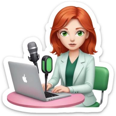 Red head green eyes sat at desk with MacBook, microphone and iPhone sat on a pink desk chair  sticker