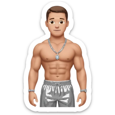 John Cena with silver sequin baggy pants, shirtless with necklace, brown hair sticker