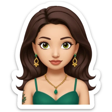 pretty bratz genmoji that looks like tamannah bhatia (bollywood actress), wearing a dark green sweetheart neckline top, dark brown hair, light makeup, no necklace, dangly earrings, side hair part, dark brown eyes, with tattoos sticker