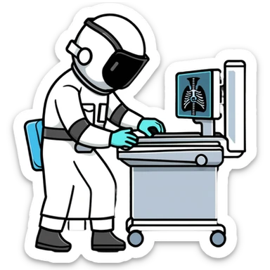 A friendly radiologist operating an X-ray machine, wearing protective gear sticker