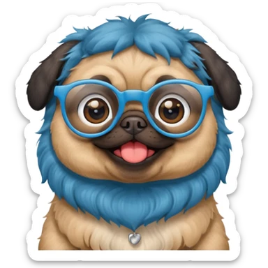 long blue haired baby pug wearing glassess very happy sticker