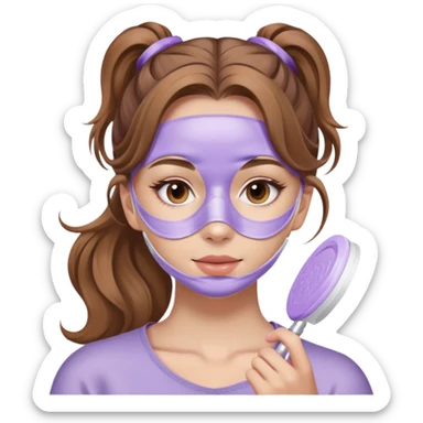 girl with wavy light brown hair in ponytail applying lilac face mask skincare sticker