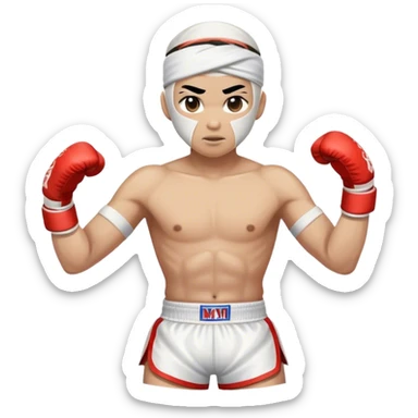 ​Cinematic Realistic Traditional Muay Thai Fighter such as Buakaw Banchamek, depicted in authentic attire featuring white bandaged gloves wrapped around his fists, a traditional headband tied neatly, and classic Muay Thai shorts, captured in a dynamic fighting stance under dramatic, high-energy lighting that highlights the raw power and elegance of the art, sticker