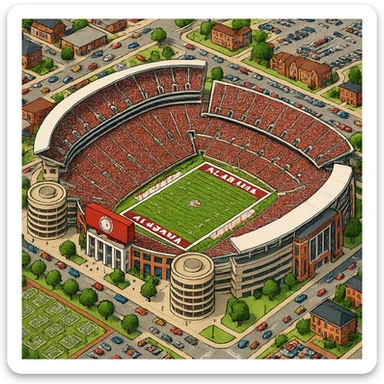 Изометричная, яркая, детализированная и фотореалистичная иллюстрация стадиона Bryant–Denny Stadium в стиле 3D-коллажей городов, насыщенные цвета, аккуратные и чёткие линии, мультяшно-реалистичная стилистика. Чёткие контуры, прозрачный фон, высокое качество. sticker