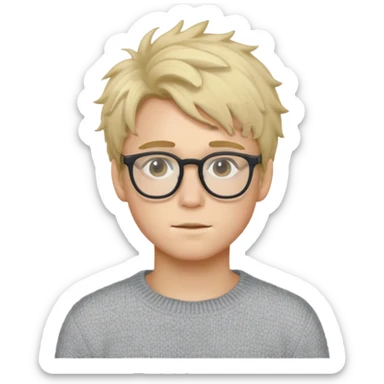 Twink with blonde messy hair and glasses, white skin and a grey sweater sticker