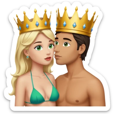 Blonde Queen Green eyes with crown in Bikini kissing Male subject dark Hair blue eyes sticker