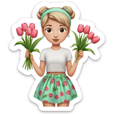 A girl with a messy bun, a mint green headband, and a floral print skirt, holding a bunch of tulips. sticker