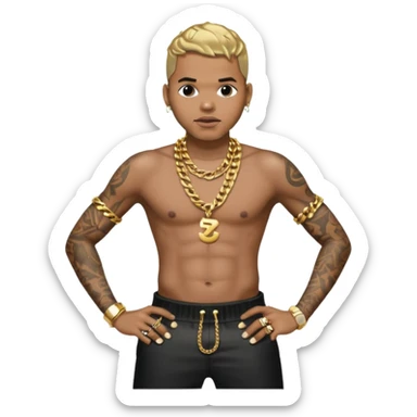 Chris Brown with metallic black pants, shirtless with necklace sticker