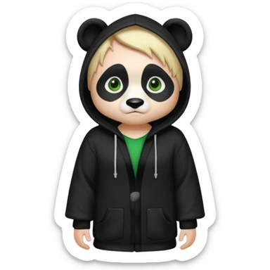 A white man with green eyes, medium-length blond hair, wearing a panda hoodie and black pajama-like robes. sticker