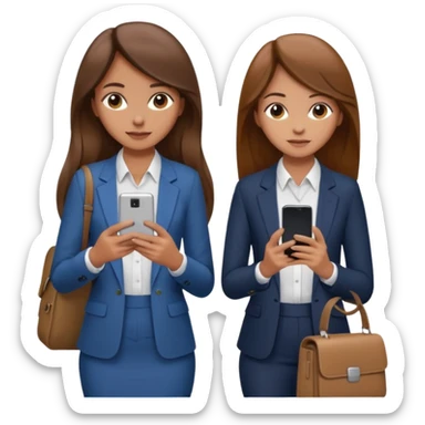 two brown haired girls, looking professional maybe leaned on each others back and looking forward and using phones, with long hair and one girl can hold lap top another one can hold the phone, professional clothes, more stylish sticker