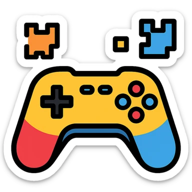 game controller and pixel elements, bold colors, modern gaming website logo sticker