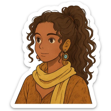bohemian style girl with brown skin, long brown curly hair tied high, wearing a lemon yellow scarf and round earrings sticker