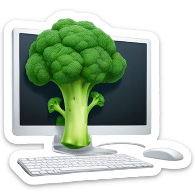 Generate a creative broccoli emoji sitting in front of a computer with a stylus, designing something on a screen. sticker