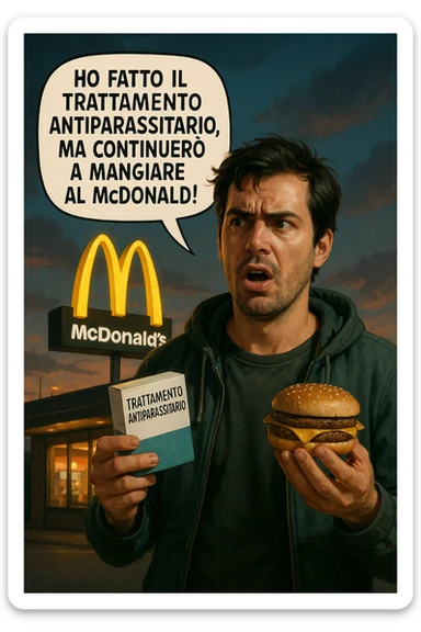 A realistic, cinematic illustration of a man in his early 30s with a confused yet stubborn expression, standing outside a McDonald's at dusk, holding a small box labeled 'Trattamento Antiparassitario' in one hand while holding a large McDonald's burger in the other. He is mid-sentence, saying 'Ho fatto il trattamento antiparassitario, ma continuerò a mangiare al McDonald!' in an expressive speech bubble. The man wears casual streetwear, and behind him, the McDonald's golden arches glow under a neon-lit sky. The mood is ironic and educational, highlighting the contradiction of doing parasite cleanses while continuing unhealthy fast-food habits. The style is realistic with slight illustrative clarity, emphasizing the message humorously while maintaining a serious undertone about lifestyle choices and health in italiano sticker