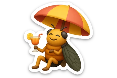 EMOJI STILE IPHONE 3D DI UNA CICALA CHE STA RILASSATA SEDUTA SOTTO L'OMBRELLONE IN SPIAGGIA CON UN COCKTAIL IN MANO sticker