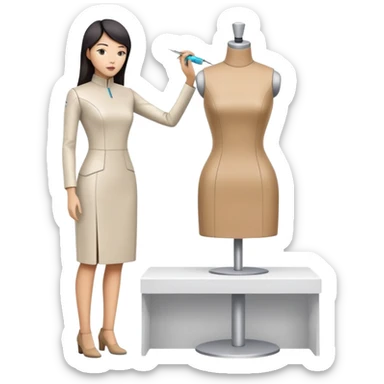 asian female clothing designer, designing futuristic clothing on a headless mannequin sticker