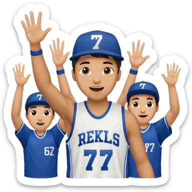 Maverick Trevillian in the crowd at an amateur basketball game. He leans towards the camera and enthusiastically shouts "six seven while performing a distinctive hand gesture: both hands open, palms facing upward, moving up and down as if weighing two options. sticker