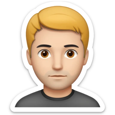 Description: dark gray straight hair combed forward, crop haircut, light stubble, brown eyes.
Image: barber sticker