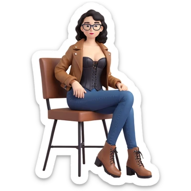 3D animated drawing of a slim, light-skinned woman with wavy black hair and square-shaped glasses, wearing a black corset dress with a brown leather jacket, blue jeans, and brown ankle boots, sitting casually sticker