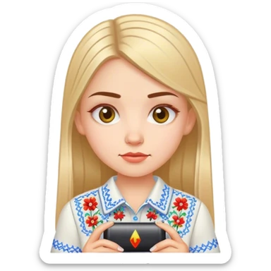 A Ukrainian girl in an embroidered shirt holds a battery sticker