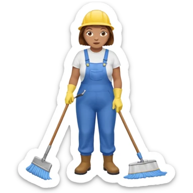 old and fat women, brown hair, Custodian with yellow rubber gloves, white T-shirt, blue overalls, mopping floor sticker