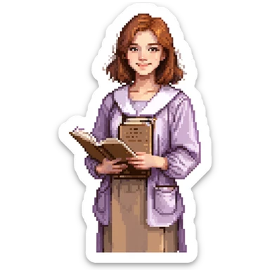 Calm female artist, Caucasian features, shoulder-length auburn hair, soft brown eyes, gentle smile, wearing a violet smock over a light beige top, holding a sketchbook close to chest, waist-up, front-facing sticker