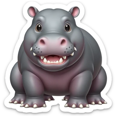 cinematic-hippo-realistic-full-body-side-view-standing-on-all-fours-emoji,-massive-round-frame,-wide-mouthed-grin-exposing-huge-teeth,-head-tilted-dramatically,-thick-grey-hide-glossy, big eues sticker