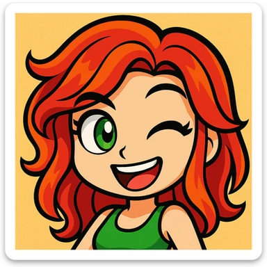 Extract the girl's face from the group image and give her a happy, winking expression, maintaining the original cartoon style and quality. sticker