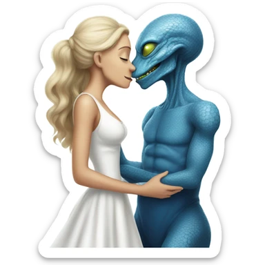 White man in blue dress hugs and kissing Alien reptilian woman in white dress  sticker