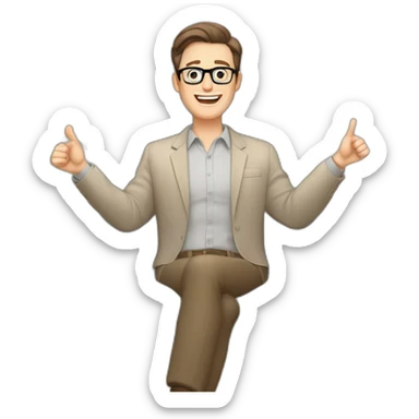 Joyful Celebrating victory Hands up Pale skinned Fit Man With dark brown hair in gray jacket, beige office shirt, Brown pants and vintage glasses sitting In a soft chair sticker