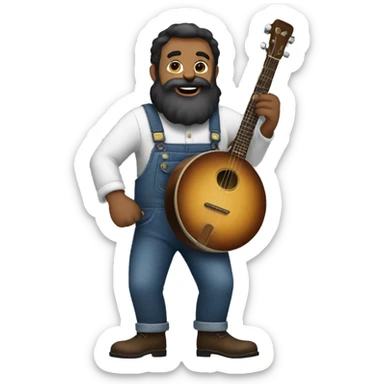 Man with a large beard and overalls, playing the banjo in toe shoes sticker